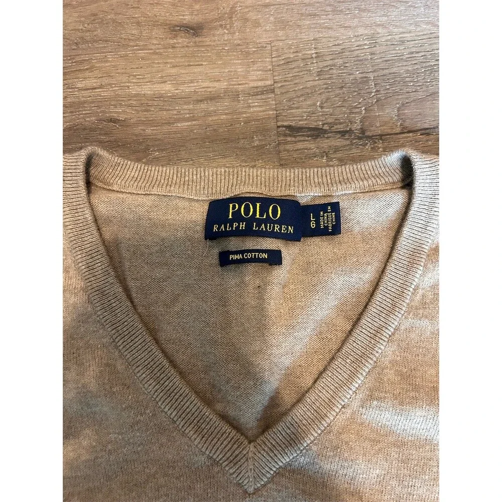 Polo Ralph Lauren Sweater Mens Pima Cotton L Beige V-Neck Pullover Pony Logo
